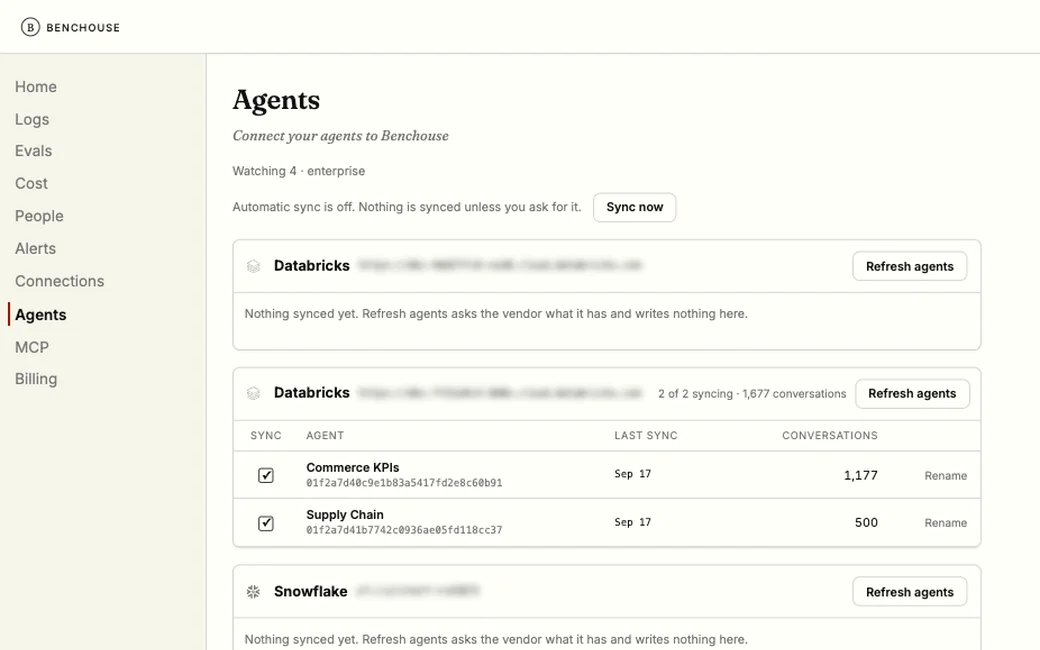 The Agents screen: each connected Databricks and Snowflake account with the agents under it, a tick per agent for whether Benchouse watches it, when it last synced and how many conversations it has. Account identifiers are blurred.