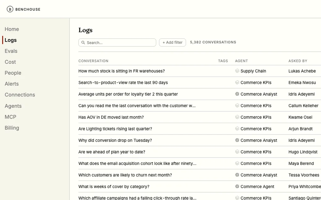 The Logs screen: one row per conversation showing the agent, who asked, when, how many turns it took and what it cost, each with a button that turns it into an eval question.